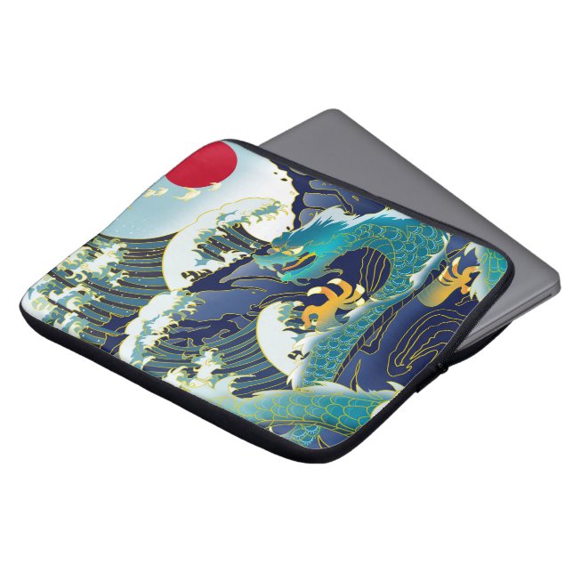 Blue Waves Green Dragon Red Sun Skateboard Laptop Sleeve (Front Top)