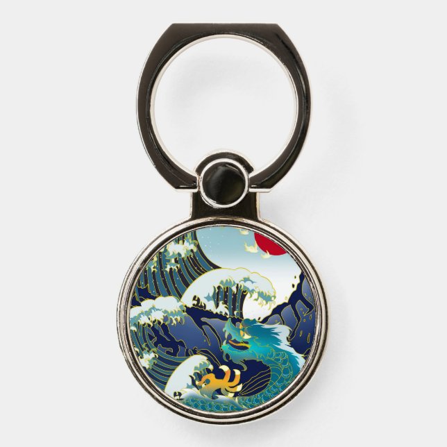 Blue Waves Green Dragon Red Sun Skateboard Phone Ring Stand (Front)