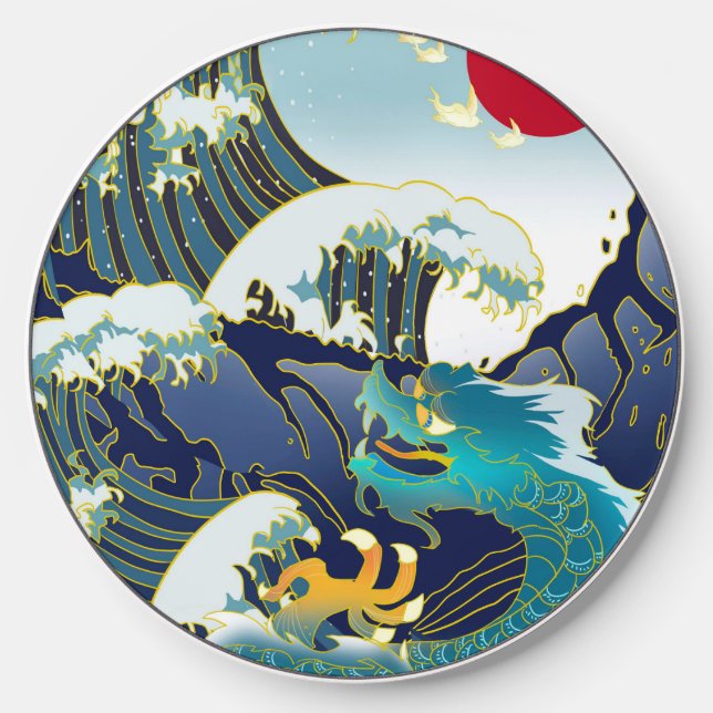 Blue Waves Green Dragon Red Sun Wireless Charger (Front)