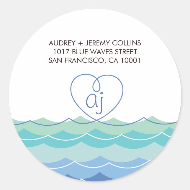 Blue Waves Loopy Heart Address Label Sticker (Front)
