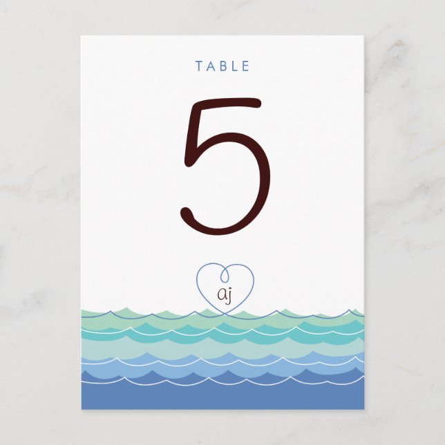 Blue Waves Loopy Heart Beach Modern Table Number (Front)