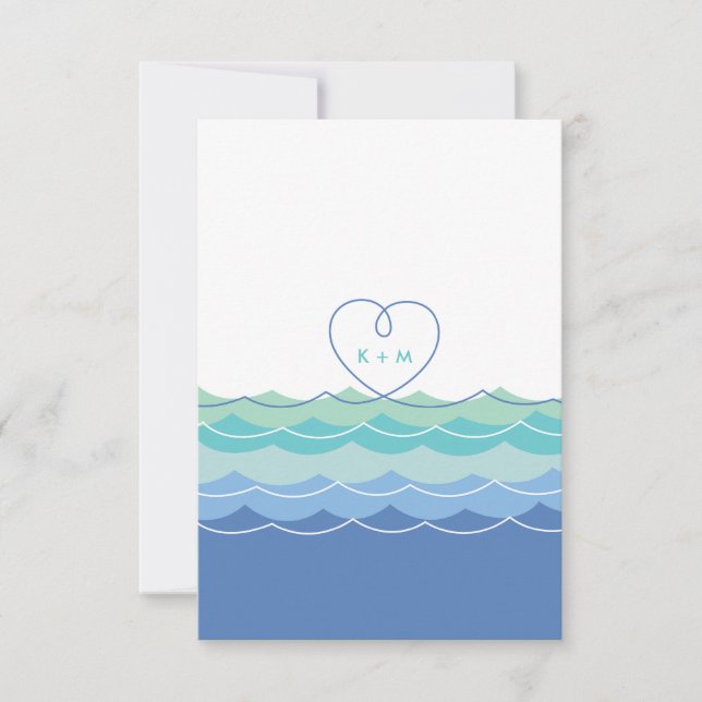 Blue Waves Loopy Heart Beach Wedding Reception RSVP Card (Front)