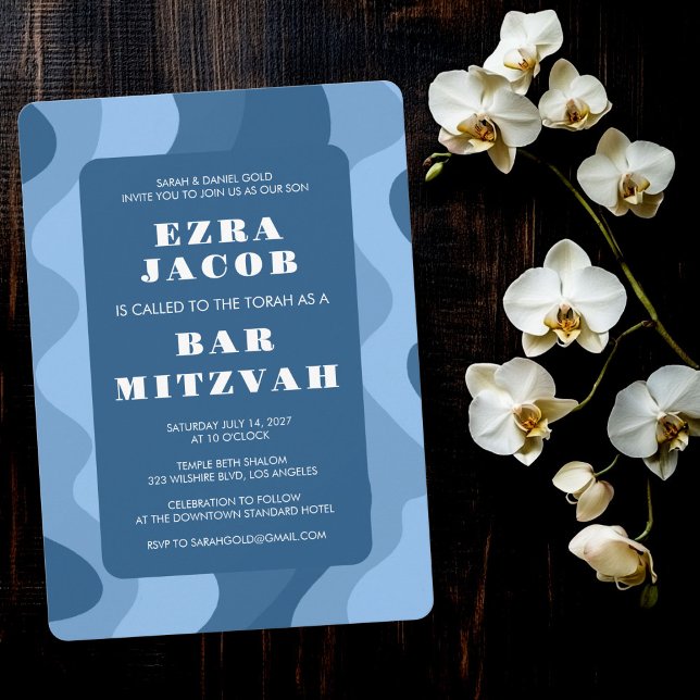 Blue Waves Modern Abstract Custom Bar Mitzvah Invitation (Blue Waves Modern Abstract Custom Bar Bat Bnai Mitzvah Invitation
)