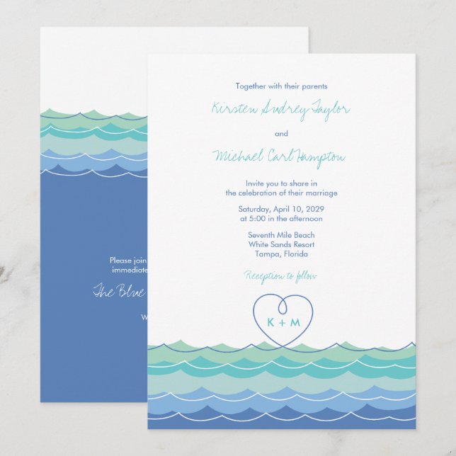 Blue Waves Modern Loopy Heart Beach Wedding Invite (Front/Back)