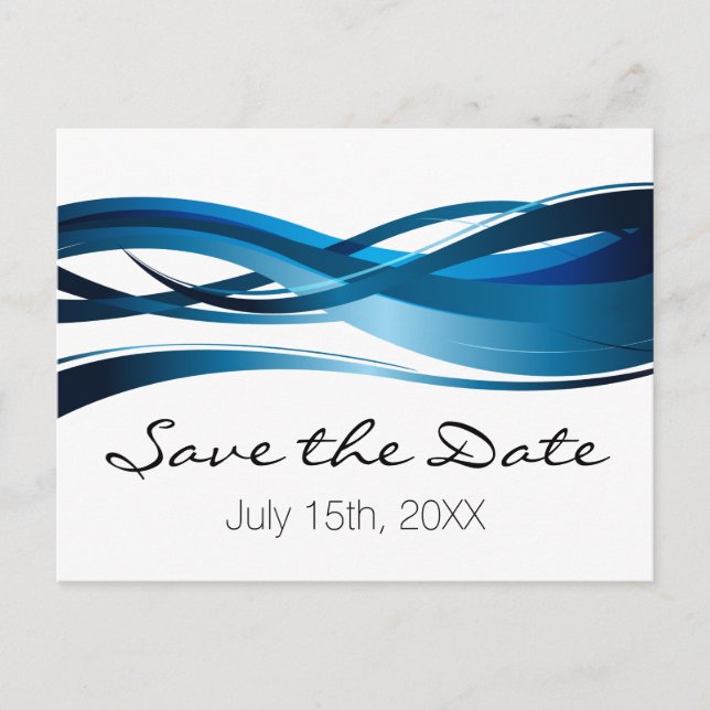 Blue Waves Modern Wedding Save the Date Announcement Postcard (Front)