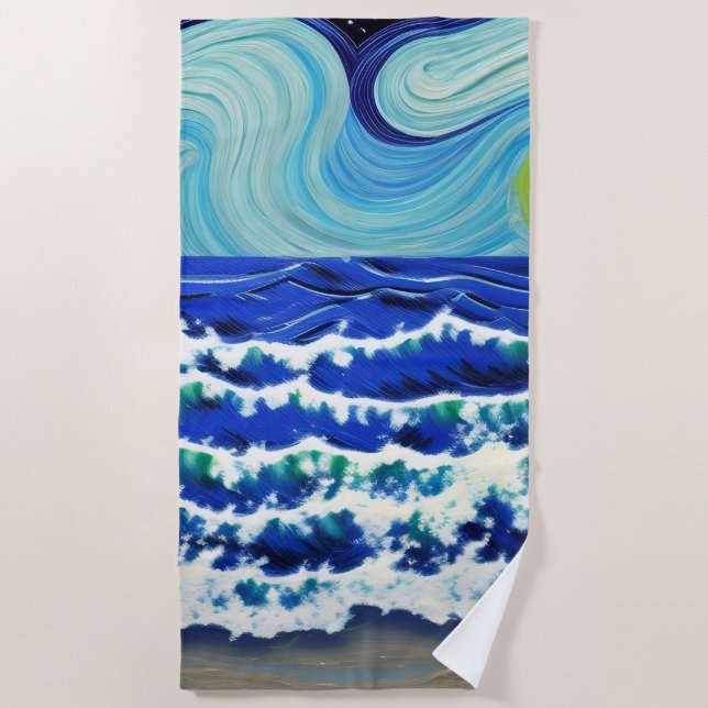 Blue Waves Moon Dancing in the Ocean Beach Towel (Front)