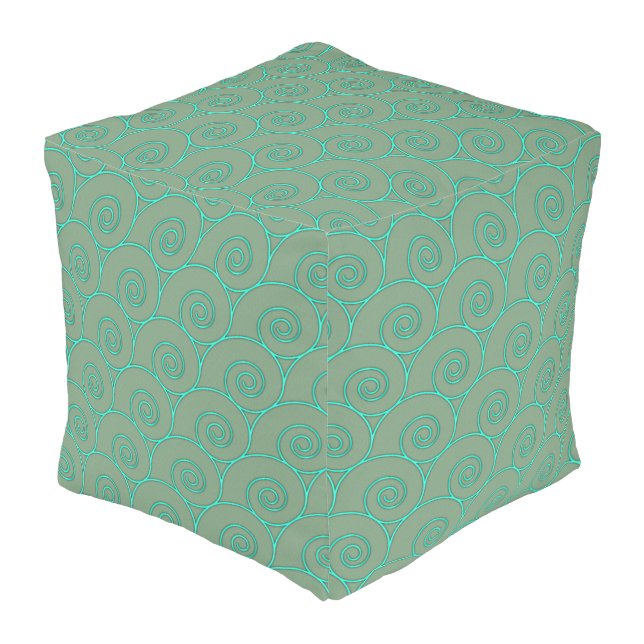 Blue Waves on Sage Outdoor Pouf (Angled Front)