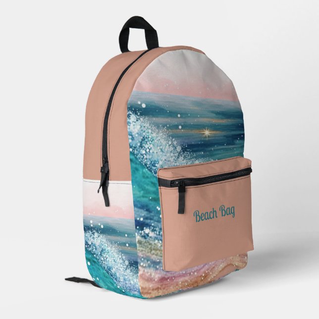 Blue Waves on the Beach  Printed Backpack (Back Corner Left)