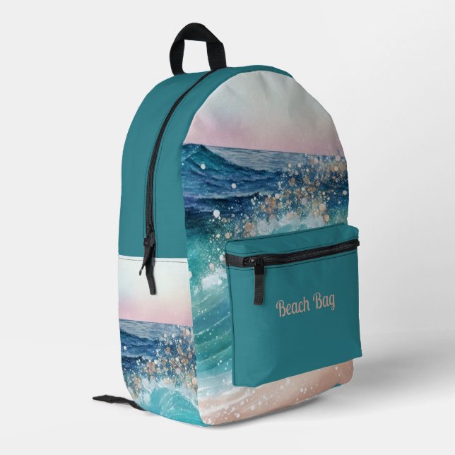 Blue Waves on the Beach  Printed Backpack (Back Corner Left)