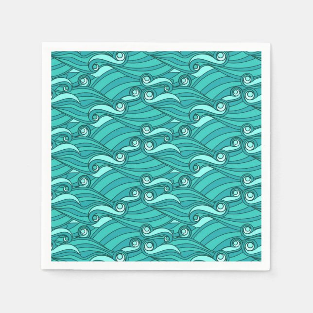 Blue waves retro surf doodle beach art napkins (Front)