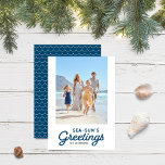 Blue Waves Sea-Sun's Greetings Photo Holiday Card<br><div class="desc">Blue Waves Sea-Sun's Greetings Photo holiday card has blue wave pattern back side. Personalize it by replacing the placeholder text and replace the placeholder image with your own photo. For more options such as to change the font and it's size/color or the spacing between letters click the "Customize" button. *Please...</div>