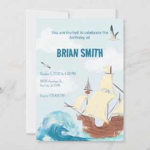 Blue waves ship viking birthday invitation
