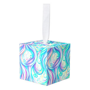 Blue Waves Twirls and Swirls Pattern Cube Ornament