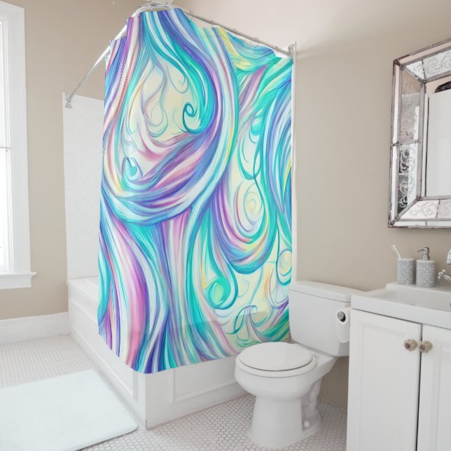 Blue Waves Twirls and Swirls Pattern Shower Curtain (In Situ)