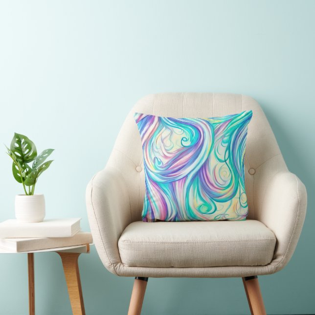 Blue Waves Twirls and Swirls Pattern Throw Pillow (Chair)