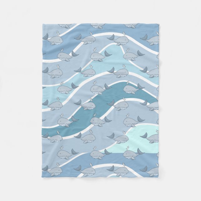 Blue Waves, Whale Seamless Pattern Fleece Blanket (Front)