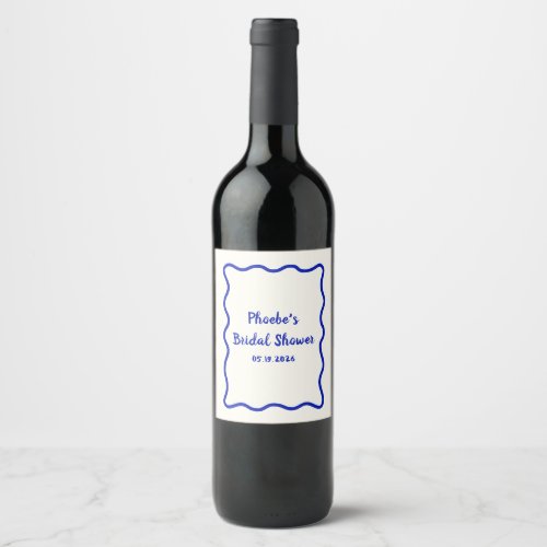 Blue Wavy Border Whimsical Bridal Shower Cute Wine Label