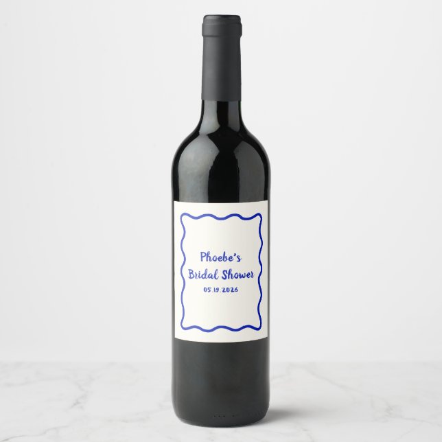 Blue Wavy Border Whimsical Bridal Shower Cute Wine Label (Front)