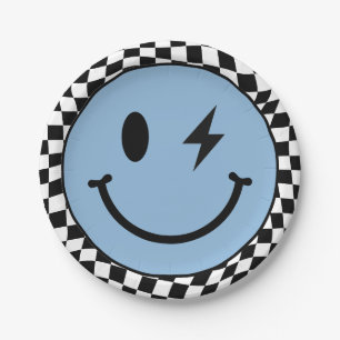 Blue Wavy Checkered Happy Smile Birthday Paper Plates