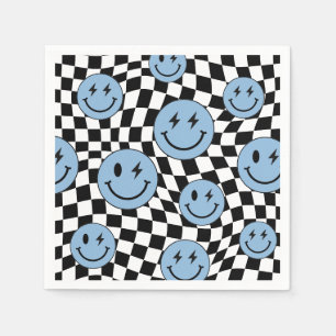 Blue Wavy Checkered Retro Preppy Smile Birthday Napkins