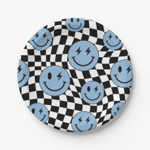 Blue Wavy Checkered Retro Preppy Smile Birthday Paper Plates