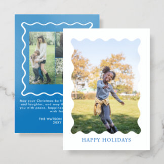 Blue Wavy Frame Christmas 4 photos Holiday Letterpress Photo Cards