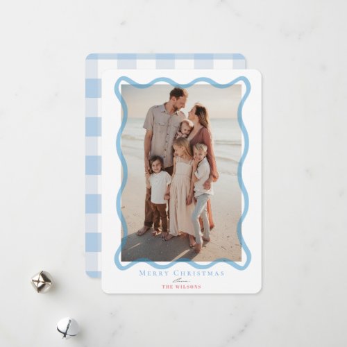 Blue Wavy Frame Photo Christmas Holiday Card