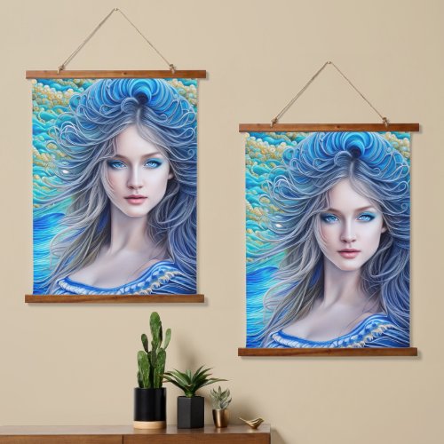 Blue Wavy Hair Fantasy Girl Abstract Fine Art Hanging Tapestry