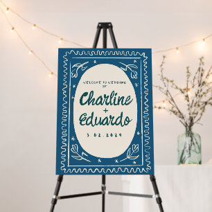 Blue Wavy Handwriting Retro Wedding Welcome Sign