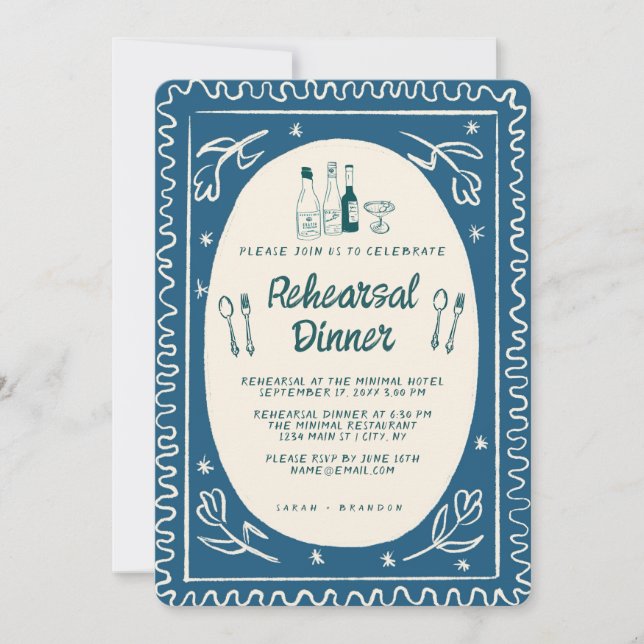 Blue Wavy Handwritting Modern Rehearsal Dinner Invitation (Front)