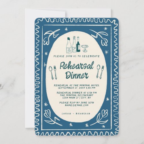 Blue Wavy Handwritting Modern Rehearsal Dinner Invitation