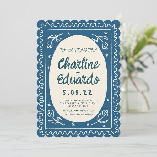 Blue Wavy Handwritting Modern Wedding  Invitation