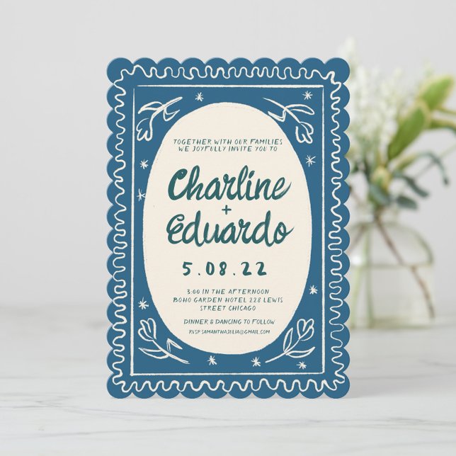 Blue Wavy Handwritting Modern Wedding  Invitation (Creator Uploaded)