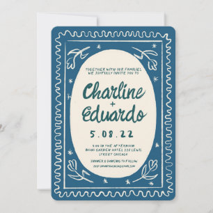 Blue Wavy Handwritting Modern Wedding  Invitation