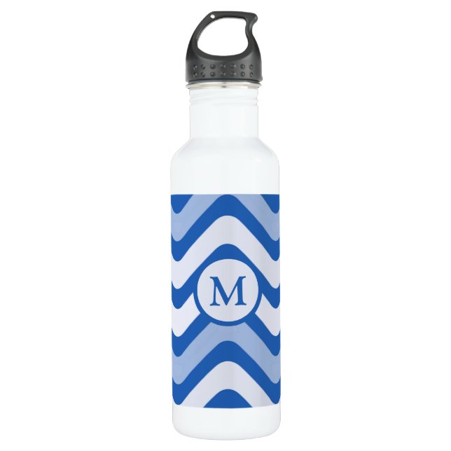 Blue Wavy Lines Monogram Stainless Steel Water Bottle (Front)