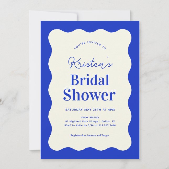 Blue Wavy Retro French Bridal Shower Invitation (Front)
