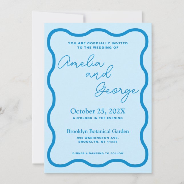 Blue Wavy Retro Wedding Photo Invitation (Front)