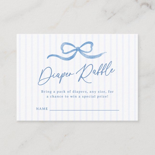 Blue Wavy Ribbon Bow Baby Diaper Raffle Enclosure Card (Front)