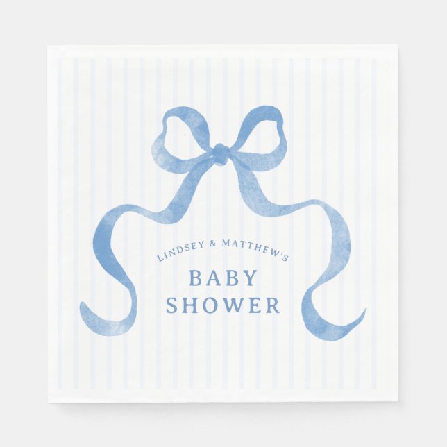 Blue Wavy Ribbon Bow Baby Shower Napkins (Front)