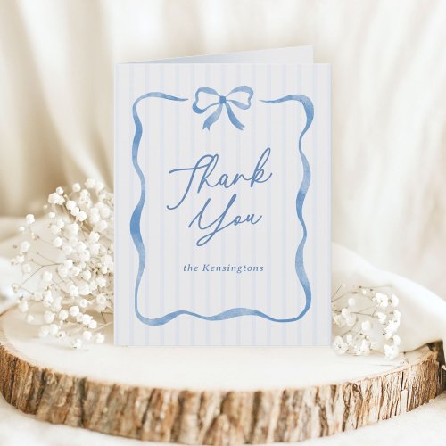 Blue Wavy Ribbon Bow Baby Shower Thank You Card