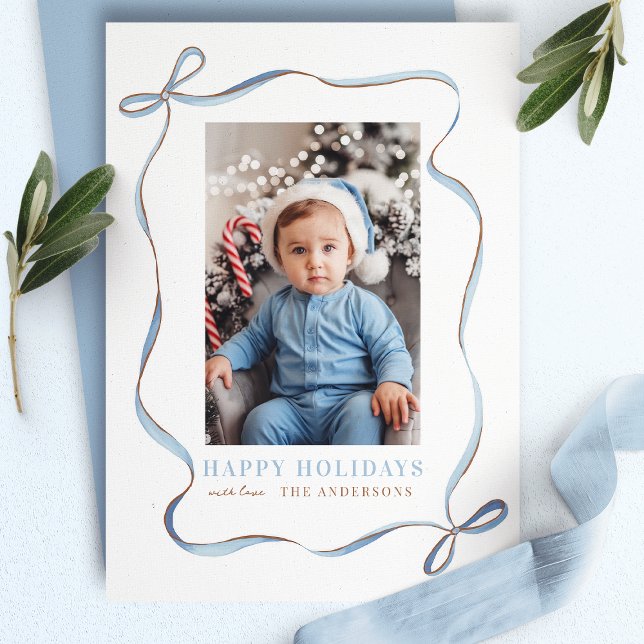 Blue Wavy Ribbon Bow Frame Christmas Photo Holiday Card (Creator Uploaded)