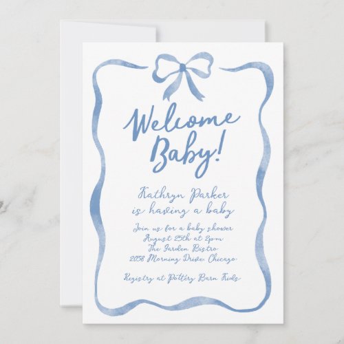 Blue Wavy Ribbon Boy Baby Shower Invitation