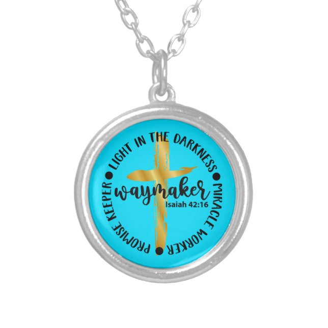Blue Waymaker Cross Necklace, Adult Baptism Gift Silver Plated Necklace (Front)