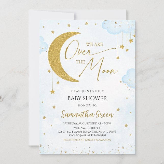 Blue We are Over the Moon Baby Shower Invitation (Front)