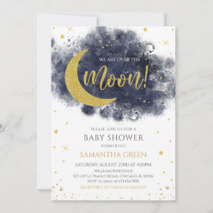 Blue We are Over the Moon Baby Shower Invitation