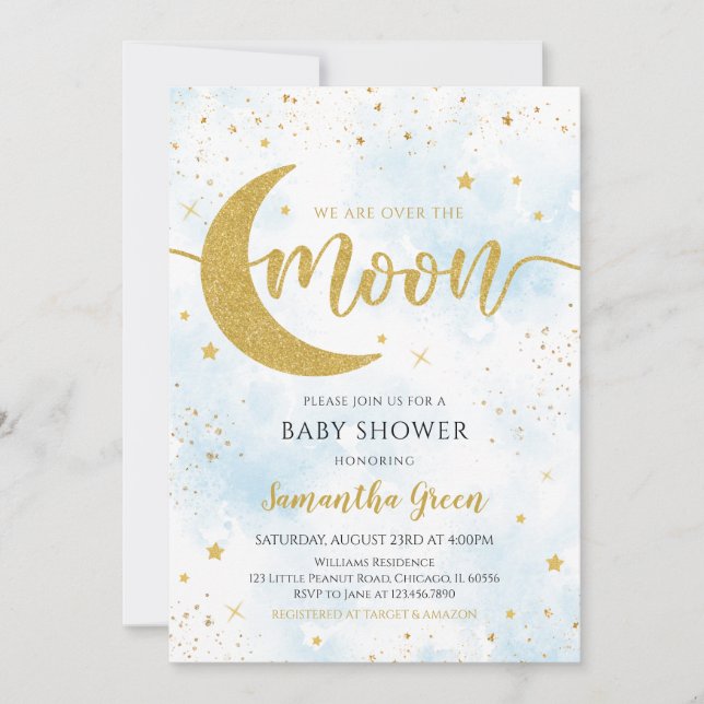 Blue We are Over the Moon Baby Shower Invitation (Front)