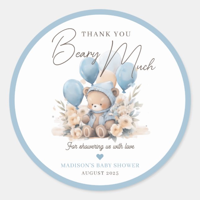 Blue We Can Bearly Wait Baby Shower Favor Classic Round Sticker (Front)