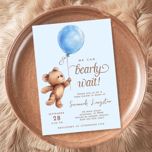 Blue We Can Bearly Wait Baby Shower Invitation