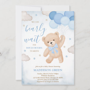 Blue We Can Bearly Wait Baby Shower Invitation