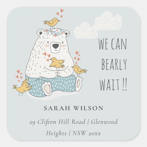 Blue We Can Bearly Wait Bear Baby Shower Address Square Sticker